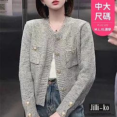 【Jilli~ko】花呢針織開衫女圓領短款外套中大尺碼 J11311 FREE 灰色