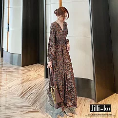 【Jilli~ko】V領雪紡碎花高腰長袖桔梗洋裝連衣裙 J11655 FREE 黃色