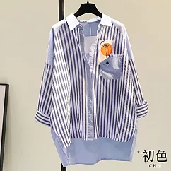 【初色】休閒百搭寬鬆翻領排釦長袖襯衫上衣-10款任選-66484(M-2XL可選) L F..藍色