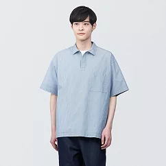 【MUJI 無印良品】男棉混涼感短袖布帛POLO衫 M 深藍直紋