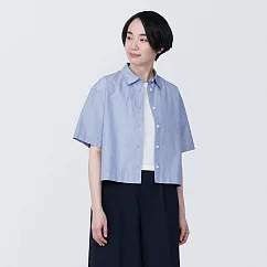 【MUJI 無印良品】女有機棉涼感平織布標準領短袖襯衫 L 藍直紋