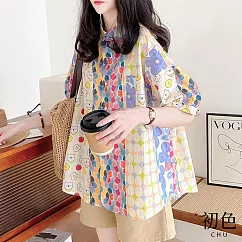 【初色】翻領寬鬆遮肉顯瘦日系卡通塗鴉拚色短袖襯衫上衣─共2色─35290(M─2XL可選) 2XL 卡通狗