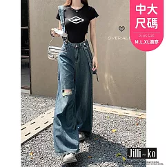 【Jilli~ko】中大尺碼牛仔寬鬆破洞落地吊帶褲 L─XL J11700 L 藍色