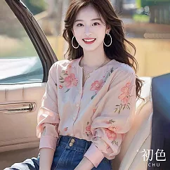 【初色】小V領碎花印花單排扣寬鬆顯瘦長袖襯衫上衣女上衣-花色-38454(M-2XL可選) M 花色