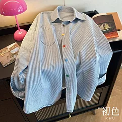 【初色】復古簡約撞色牛仔條紋襯衫上衣女上衣開衫外套─藍色─10781(M─XL可選) XL 藍色