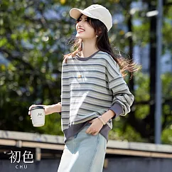 【初色】學院風休閒寬鬆藏肉撞色拼接條紋圓領長袖T恤上衣女上衣-條紋-11355(M-2XL可選) M 條紋