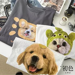 【初色】甜美風可愛寬鬆動物大頭印花圓領短袖T恤上衣女上衣─共3色─11366(F可選) F 白花灰