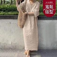 【慢。生活】V領棉麻短袖寬鬆口袋連衣裙 6757 FREE 杏色