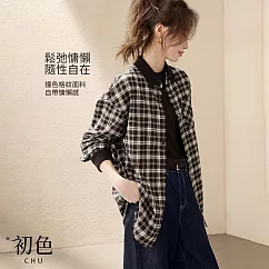 【初色】復古氣質韓系顯瘦翻領長袖襯衫上衣女上衣-15款任選-14952(M-2XL可選) XL E.格子