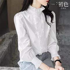 【初色】韓系純色寬鬆中長款荷葉邊單排釦半高花邊領長袖襯衫上衣女上衣-白色-16811(M-2XL可選) M 白色