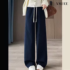 【AMIEE】垂墜感時尚修身加絨休閒闊腿褲(KDPQ-9475) L 藏青