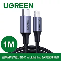 綠聯 1M iPhone充電線MFi認證USB─C to Lightning快充傳輸線 金屬編織版