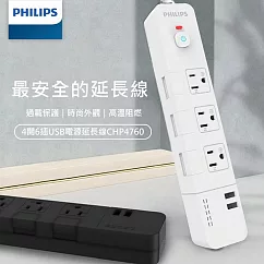 【PHILIPS 飛利浦】1.8M 4切6座+雙USB延長線(CHP4760) 白色