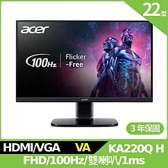 Acer KA220Q H 22型護眼螢幕(VA，VGA，HDMI，2Wx2)