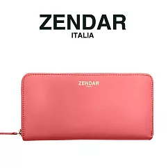 【ZENDAR】限量1折 頂級NAPPA小牛皮素面LOGO拉鍊皮夾 莉亞系列 全新專櫃展示品 粉紅色