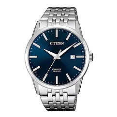 【CITIZEN 星辰】BI5000─87E/87L 男士必備 無數字 日期顯示 銀框黑藍 不鏽鋼石英腕錶 39mm 藍87L