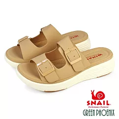 【SNAIL蝸牛】女 拖鞋 厚底 超輕量 二字 皮帶釦 透氣 彈力 EU35 卡其色