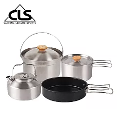 【韓國CLS】戶外套鍋露營不鏽鋼4件組 水壺 煎鍋 煮鍋 野炊套裝 機車露營 登山 野營