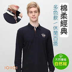 歐洲貴族IOIIOI 男裝 長袖翻領設計 刺繡POLO衫 紳士商務休閒 M 藍色