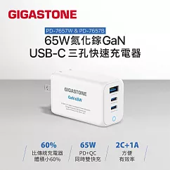 【Gigastone】65W氮化鎵GaN USB-C 三孔快速充電器 (PD-7657) 白色