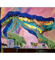 【玲廊滿藝】鄭素雲-30P複合媒材，西班牙奎爾公園的大蜥蜴72.5x91cm