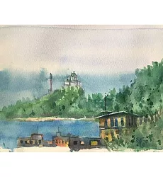 【玲廊滿藝】鄭素雲-高雄壽山遠眺的景色，16K水彩速寫19x27cm