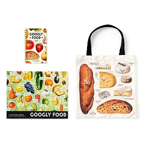【獨家三件組】美國Googly Food大眼轉轉食物 1000片拼圖+托特包+貼紙書