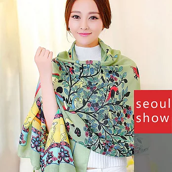 Seoul Show 花樹神話人織棉圍巾大披肩3色綠色