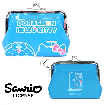 【日本進口正版】哆啦A夢 X Hello Kitty 防水 零錢包/珠扣包/卡片包-藍色