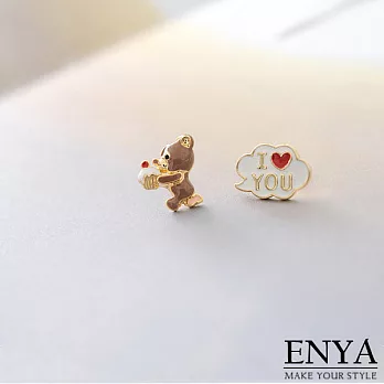 Enya★不對稱可愛點心小熊耳環金色