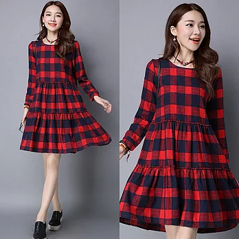 【NUMI】森-下擺拼接格紋長袖連衣裙50377(M-2XL可選)XL紅色