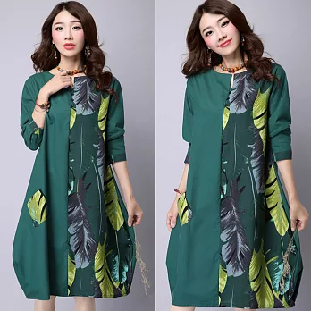 【NUMI】森-寬鬆拼接印花長袖連衣裙-共2色50325(M-2XL可選)2XL綠色