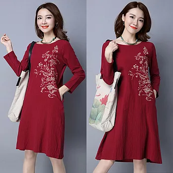 【NUMI】森-棉麻顯瘦刺繡復古連衣裙-共3色50424(M-2XL可選)L酒紅色