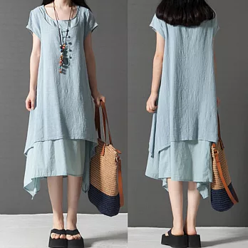 【A.Cheter】清新純色棉麻感假兩件短袖層次洋裝000063L藍