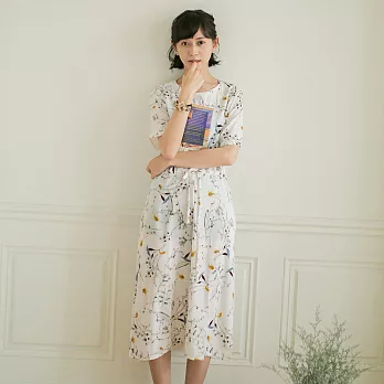 【NUMI】森-小清新印花綁帶連衣裙-共2色-50873(M-2XL可選)XL白色
