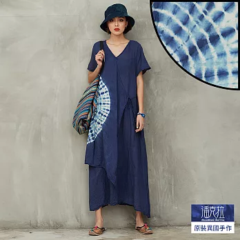【潘克拉】雙層設計草木藍染連身裙-F　FREE藍