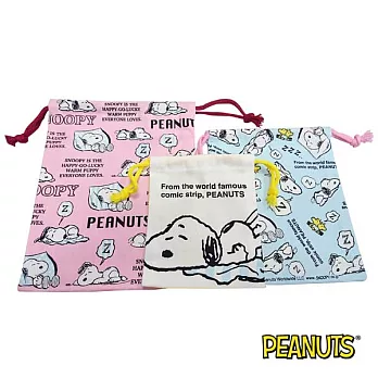 【日本進口正版】史努比 Snoopy 日本製 帆布 束口袋 三件組 PEANUTS -B款