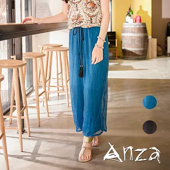 【AnZa】鬆緊綁帶人造絲紗寬鬆長褲FREE土耳其藍