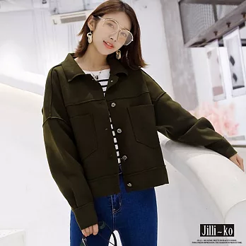 【Jilli~ko】韓版毛呢單排扣短夾克　FREE深綠