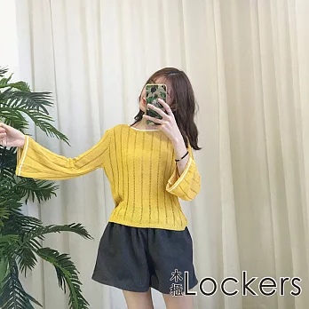 【Lockers 木櫃】圓領拚色邊喇叭長袖針織衫/毛衣-兩色(黃色)