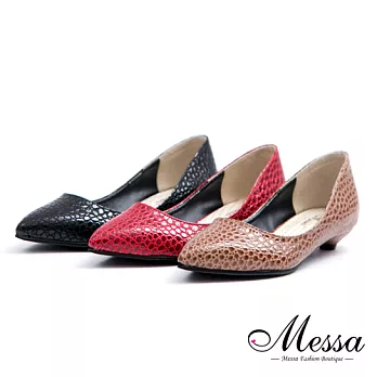 【Messa米莎專櫃女鞋】MIT歐美風格仿蛇紋內真皮時尚尖頭低跟包鞋37黑色
