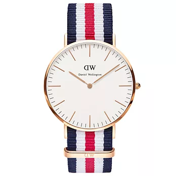 DW Daniel Wellington 經典藍白紅帆布錶帶腕錶-金框/40mm(0102DW)