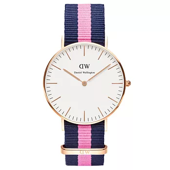 DW Daniel Wellington 經典藍粉紅帆布錶帶-金框/36mm(0505DW)
