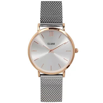 CLUSE荷蘭精品手錶 MINUIT玫瑰金系列 銀色錶盤/銀色金屬錶帶33mm