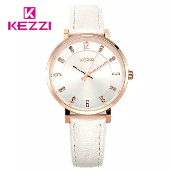 KEZZI珂紫 K-1595 氣質鑲鑽玫瑰金刻度美氛女錶- 白色