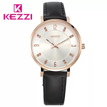 KEZZI珂紫 K-1595 氣質鑲鑽玫瑰金刻度美氛女錶- 黑色