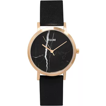 CLUSE荷蘭精品手錶 大理石系列 黑錶盤玫瑰金框黑色皮革錶帶手錶33mm