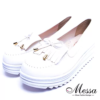 【Messa米莎專櫃女鞋】MIT可愛流蘇蝴蝶結莫卡辛內真皮厚底鬆糕鞋-白色EU38白色