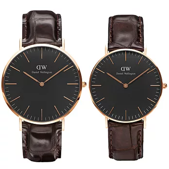 Daniel Wellington 黑錶面 咖啡色鱷魚紋真皮 對錶 玫瑰金 DW00100128 DW00100140 (DW) 平行輸入