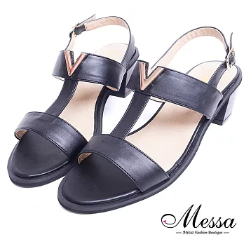 【Messa米莎專櫃女鞋】MIT時尚立體金屬V字開口粗跟涼鞋-黑色EU39黑色